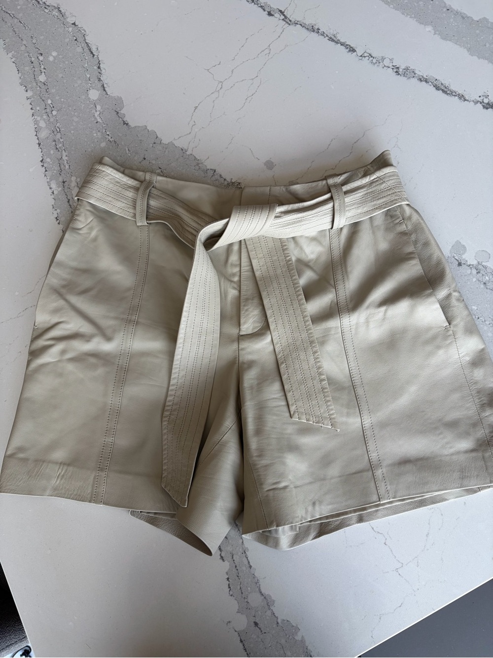 Vince High-Waist Cream Leather Belted Shorts